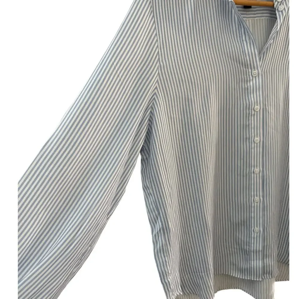 J.‎ Crew Drapey Ruffled Trim Cupro Blend Shirt Blue Stripe Size Large